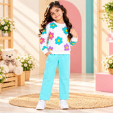 sky blue colourfull daisy flowers printed kids suit for winter