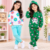 Floral & Kitty Printed Girls Sweatshirt Trouser Set (Pack of 2)