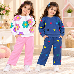 Pink Floral & Blue Heart Balloon Printed Girls Sweatshirt Trouser Set (Pack of 2)