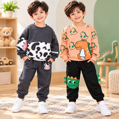 Cow & Dino Printed Boys Sweatshirt Trouser Set (Pack of 2)