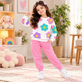 Pink colourfull daisy flowers printed kids suit for winter