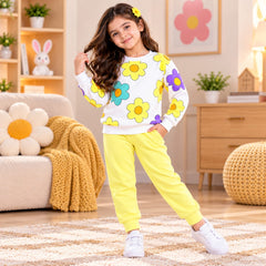 yellow colourfull daisy flowers printed kids suit for winter