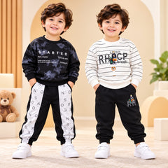 Black Dye Print & White Striped Graphic Suit Set – Pack of 2