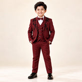 Boys Maroon Designer Coat Pant 4-Piece Set (Ages 2–11 Years)