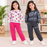 Pink Bow & Charcoal Graphic Suit Set – Pack of 2