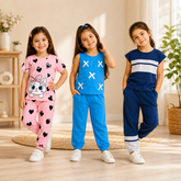 Pink Bunny Heart & Blue Cross Print & Navy Stripe Co-Ord Set ( Pack of Three )