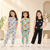 Cartoon Print T-Shirt & Trouser Set & Colorful Number Print T-Shirt & Trouser Set & Black Cross Detail Sleeveless Top & Trouser Set ( Pack of Three )