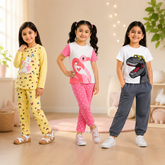 Yellow Butterfly Print Set & Pink Flamingo Print Set & White Dinosaur Graphic Set ( Pack of Three )