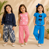 Navy Blue Ruffle-Sleeve Button Front & Pink Sleeveless Cross-Print Top & Royal Blue Bow-Detail Puff-Sleeve Top With Pants ( Pack of Three )