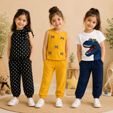 Black Polka Dot Sleeveless Top & Mustard Yellow Sleeveless Top & White Dinosaur Printed T-Shirt with Navy Blue Jogger Pants ( Pack of Three )