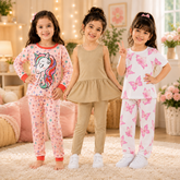 Unicorn Printed Pajama Set & Solid Flared Dress Leggings Set & Butterfly Printed Co-Ord Set ( Pack of Three )