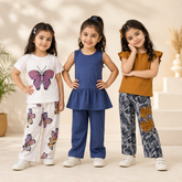 Butterfly Printed T-Shirt & Palazzo Set & Sleeveless Peplum Top & Pants Set & Ruffle Sleeve Top & Printed Bow Palazzo ( Pack of Three )