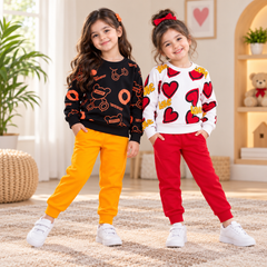 Orange Graphic & White Heart Print Sweatshirt Suit Set – Pack of 2