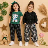 Cat Graphic T-Shirt & Black Button Front Top Leaf Print Jogger Pants ( Pack of two )