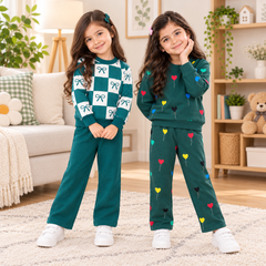 Bow-Check & Teal Green Heart Suit Set – Pack of 2