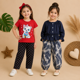 Graphic Cat Print T-Shirt with Printed Pants & Navy Peplum Top with Leaf-Print Pants ( Pack of two )