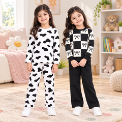 Cow Print & White Bow Checkerboard Suit Set – Pack of 2