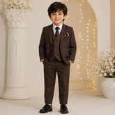 Shiny Brown 4-Piece Formal Suit Set – Patterned Waistcoat, White Shirt & Black Tie