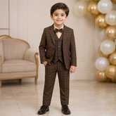 Brown Plaid Suit Set with Waistcoat & Bow Tie ’ 4-Piece