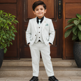 White Jacquard 4-Piece Formal Suit Set with Black Shirt & Mint Accessories – Elegant Party Wear