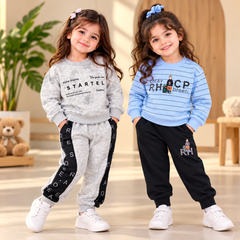 Sky Blue Striped & Grey Printed Suit Set – Pack of 2