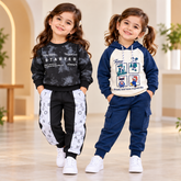 Blue Cartoon Hoodie & Black Printed Suit Set – Pack of 2