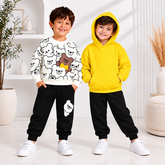 White Bear Print Sweatshirt & Yellow Hooded Sweatshirt with Black Trouser - Pack of Two