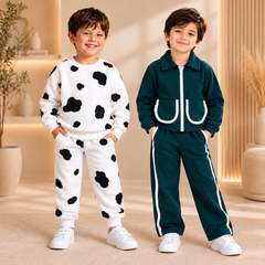 White & Black Cow Print Fleece Tracksuit & Teal Green Zip-Up Tracksuit - Pack of Two