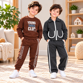 Brown Young Club Printed Sweatshirt & Charcoal Grey Zip-Up Jacket & Trouser Set - Pack of Two