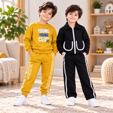 Mustard Yellow Young Club Sweatshirt & Black Quilted Puffer Jacket with White Detailing & Matching Trouser Set - Pack of Two