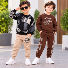 Black Graphic Sweatshirt with Beige DESIGNt & Chocolate Brown Tommy Hilfiger Printed Sweatshirt - Pack of Two