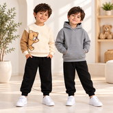 Cream Bear Printed Sweatshirt with Black Trosuer & Grey Textured Hoodie with Black Trosuer - Pack of Two