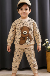 Title: Cute Teddy Printed Beige Tracksuit for Kids