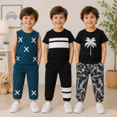 X-Print, Stripe & Palm Tree Boys T-Shirt & Trouser Co-Ord Set – Pack of 3