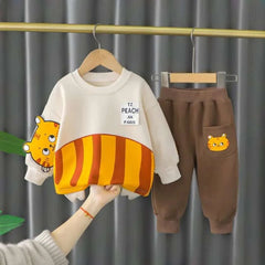 Off White Meow Printed Sweatshirt and Brown Trouser Kids Track Suit