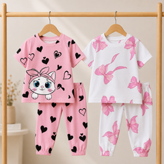 Pink Kitty & White Butterfly Night Suit Pack of 2