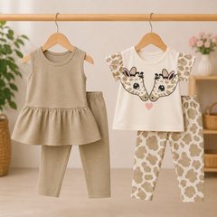 Cotton Sleeveless & Giraffe Print Night Suit Set Pack of 2