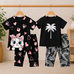Black Cartoon Cat & Palm Tree Print Pajama Set Pack of 2
