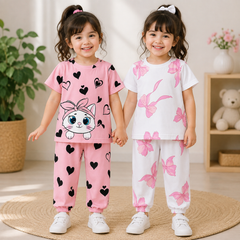Pink Kitty & White Butterfly Night Suit Pack of 2