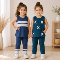 Blue & Teal Soft Sleepwear Premium Cotton Sleeveless Night Suit Pack of 2