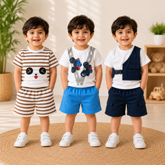 Pack of 3 Kids Cotton Summer Co-Ord Set – Monster Truck, Panda & Cargo Vest