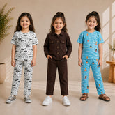 Cartoon, Brown Casual & Blue Summer Girls’ Co-Ord Set – Pack of 3