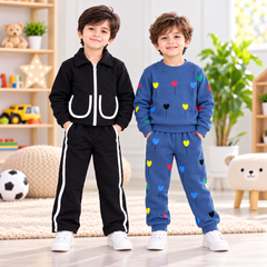 Black Quilted Jacket & Blue Heart Printed Sweatshirt Set - Pack of Two