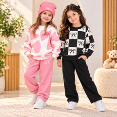Pink Heart-Print & Black & White Checkered Co-Ord Set-Pack Of Two