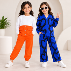 Mid Season Girls Orange Pocket Detail Co-Ord Set & Girls Royal Blue Heart Print Co-Ord Set ( Pack of Two )