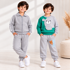 Gray Tracksuit & Green Teddy Bear Kids Winter Tracksuit – Pack of 2