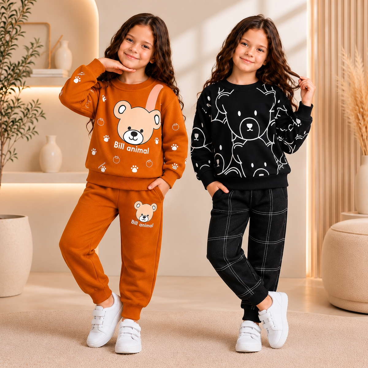 Girls Winter Rust Orange Teddy Bear Print  & Black Cartoon Print Suit Set  ( Pack of Two )