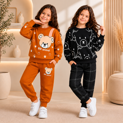 Girls Winter Rust Orange Teddy Bear Print  & Black Cartoon Print Suit Set  ( Pack of Two )