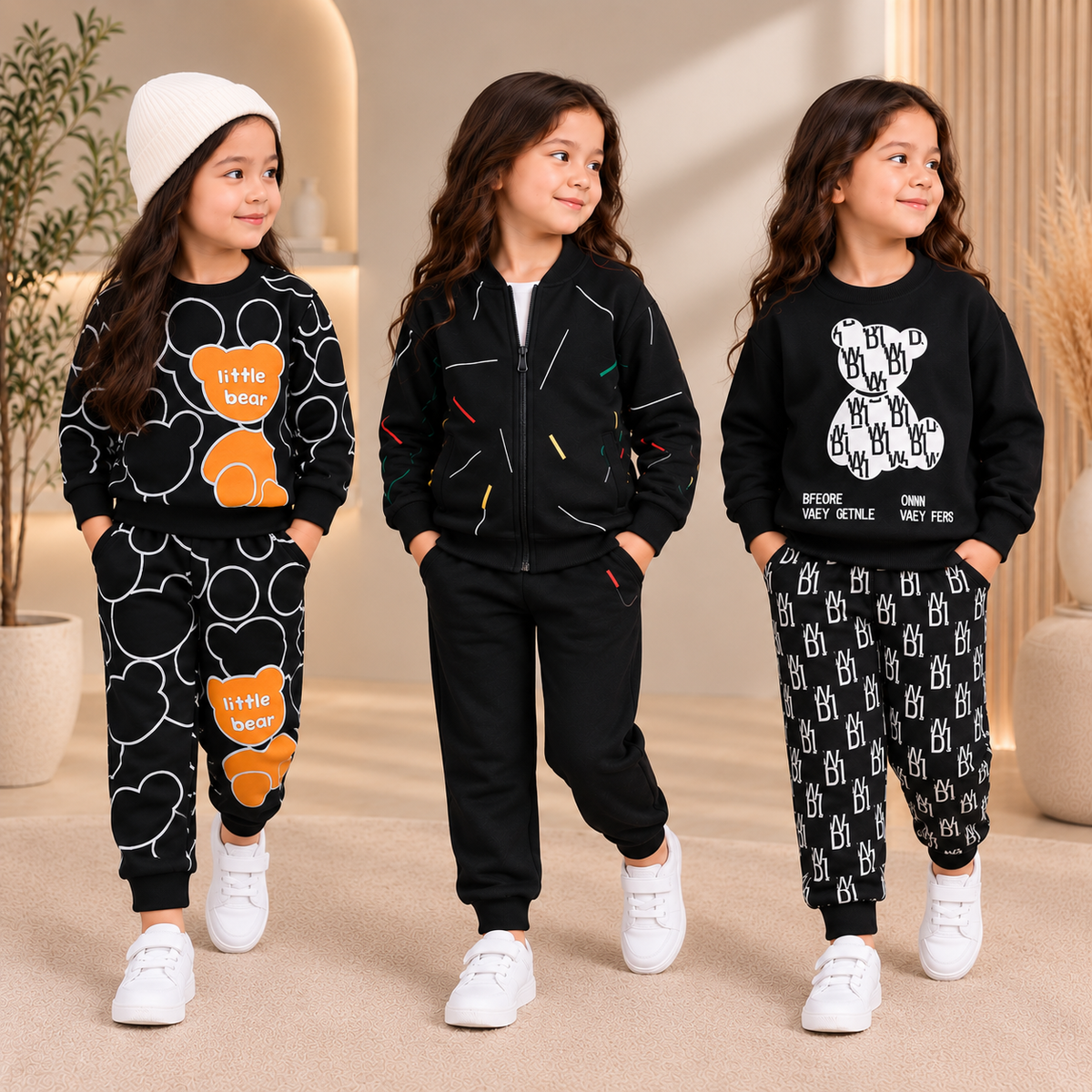Girls Winter Little Bear Black & Abstract Stripe Black & Letter Print Black Suit Set ( Pack of three )
