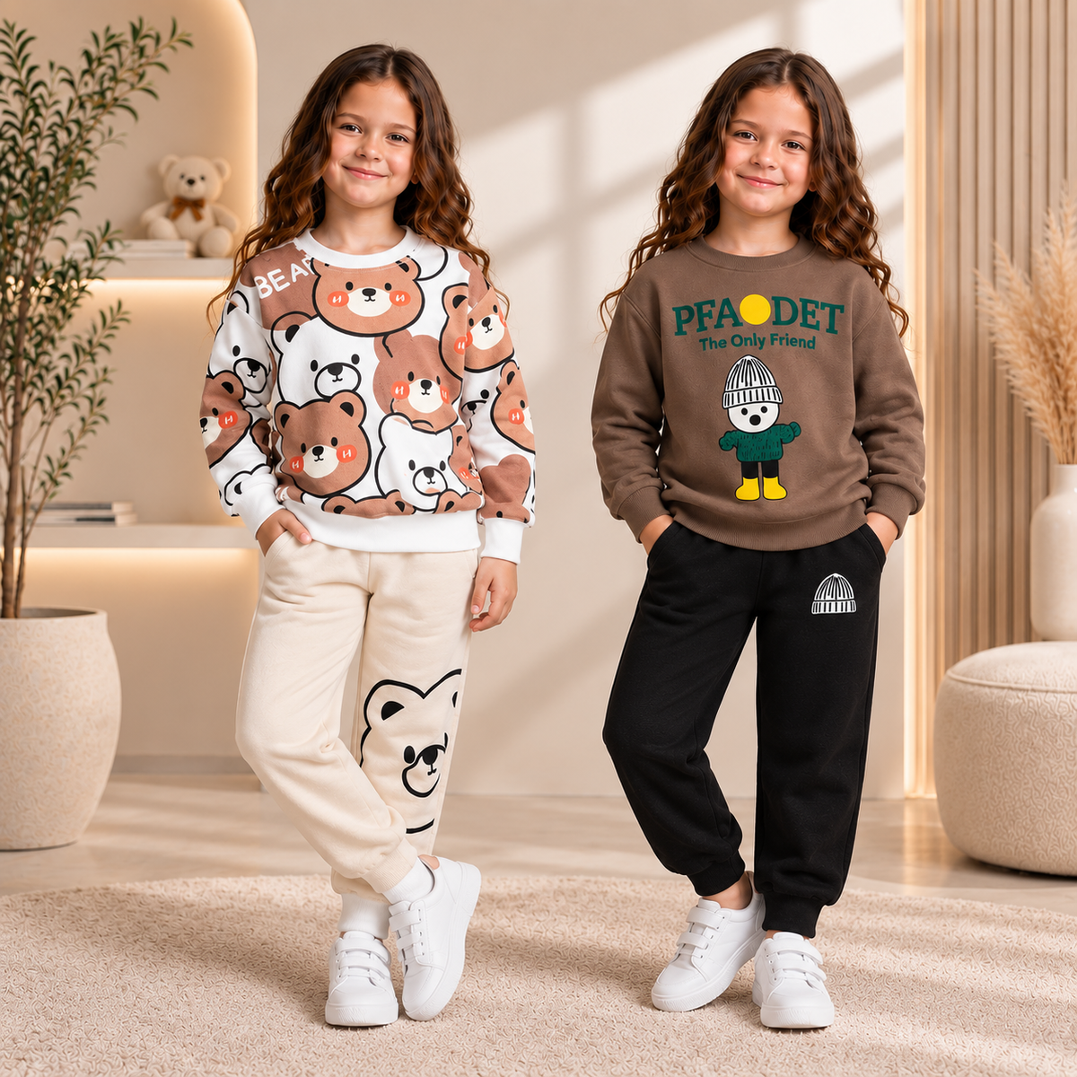 Girls Winter White & Peach Bear Print &  Mocha Brown / Black  Sweatshirt Suit Set  ( Pack of Two )
